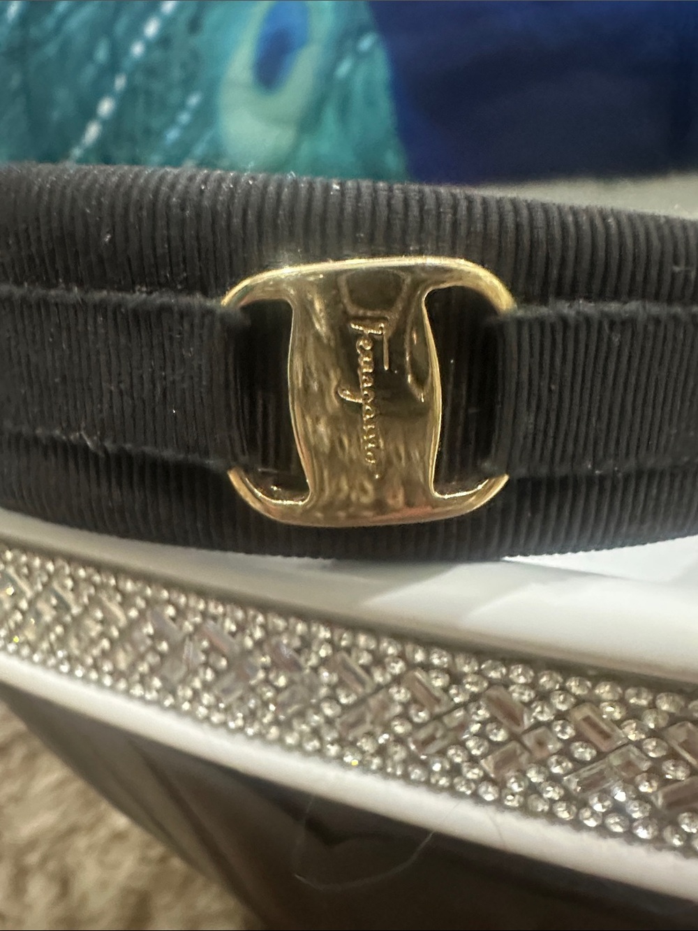 SALVATORE FERRAGAMO Black Fabric Headband with Gold Gancini Accents W/ FERRAGAMO - Picture 4 of 7